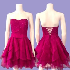 Y2K Morgan & Co. Fuchsia Party Dress Size 5/6 Strapless Sequin Beaded LaceUp